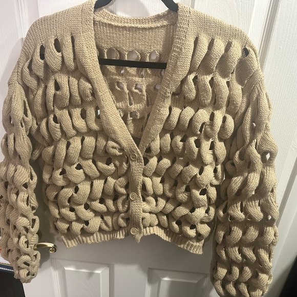 Chunky Hollow Out Knit Khaki Cardigan - Picture 3 of 11
